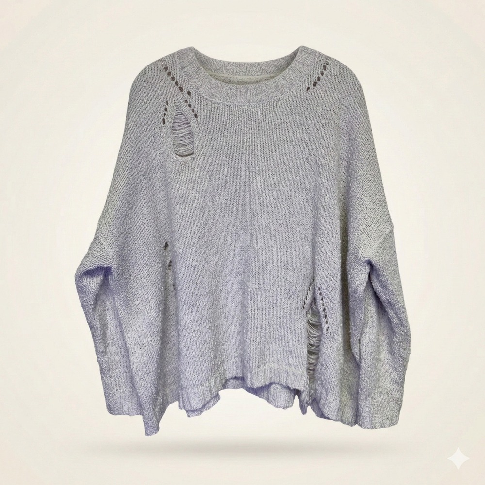 Umgee Sweater Womens XL‎ Gray Distressed Crewneck Oversized Knit Artsy Boho Edgy